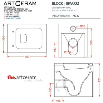 Унитаз приставной ArtCeram Block BKV002