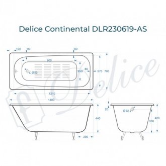 Ванна Delice Continental 140x70 с антискользящим покрытием