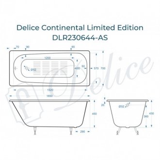 Ванна Delice Continental Limited Edition 165x70 с антискользящим покрытием