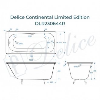 Ванна Delice Continental Limited Edition 165x70 с отверстиями под ручки