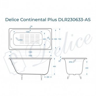 Ванна Delice Continental Plus 150x70 с антискользящим покрытием