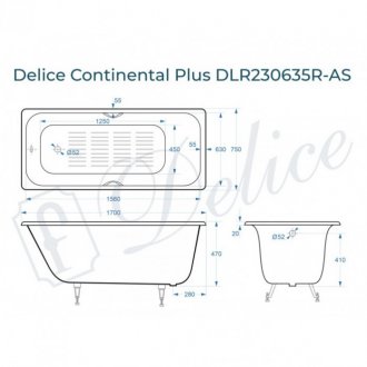 Ванна Delice Continental Plus 170x75 с отверстиями под ручки и антискользящим покрытием