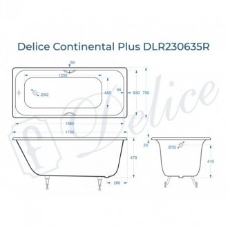 Ванна Delice Continental Plus 170x75 с отверстиями под ручки