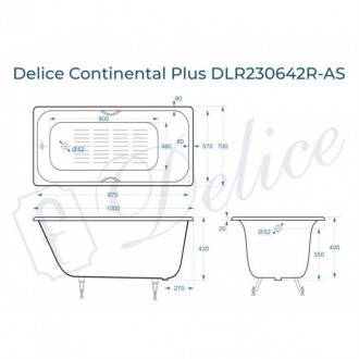 Ванна Delice Continental Plus 100x70 с отверстиями под ручки и антискользящим покрытием