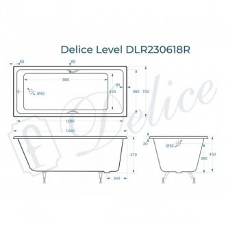 Ванна Delice Level 140x70 с отверстиями под ручки