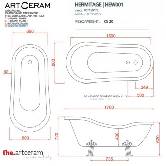 Ванна акриловая ArtCeram Hermitage HEW001 ножки бронза