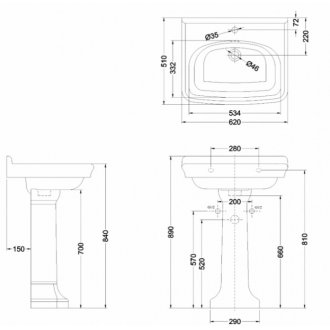 Раковина Burlington Guild GU0621SCW с пьедесталом GU0101CW