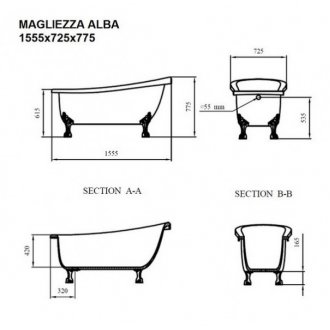 Ванна акриловая Magliezza Alba 155x72 см ножки золото