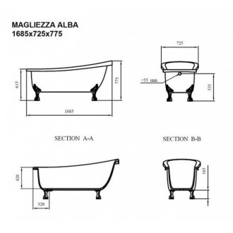 Ванна акриловая Magliezza Alba 168x72 см ножки хром