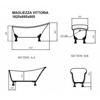 Ванна акриловая Magliezza Vittoria 162x69 см ножки хром