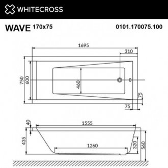 Ванна Whitecross Wave Line Nano 170x75 хром